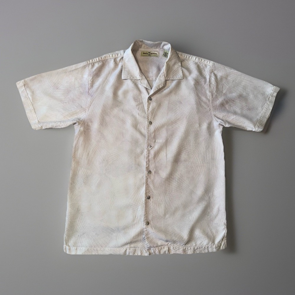 Tommy Bahama 100% Silk Aloha Hawaiian Club Shirt Cream Mens Size Small